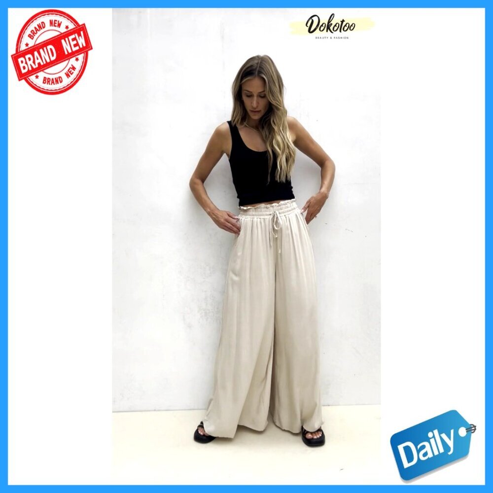 Women's Elastic Waist Wide Leg Pants with Pockets Casual Comfort - Picture 6 of 7